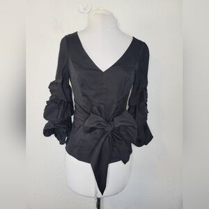 White House Black Market Cotton Ruffle Sleeve Blouse Size 0 Black V Neck Top